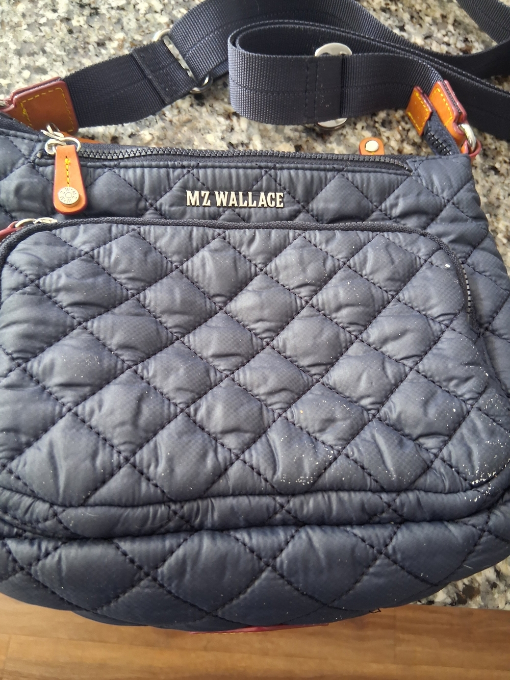 MZ WALLACE Quilted Navy Crossbody with Tan Leather Accents